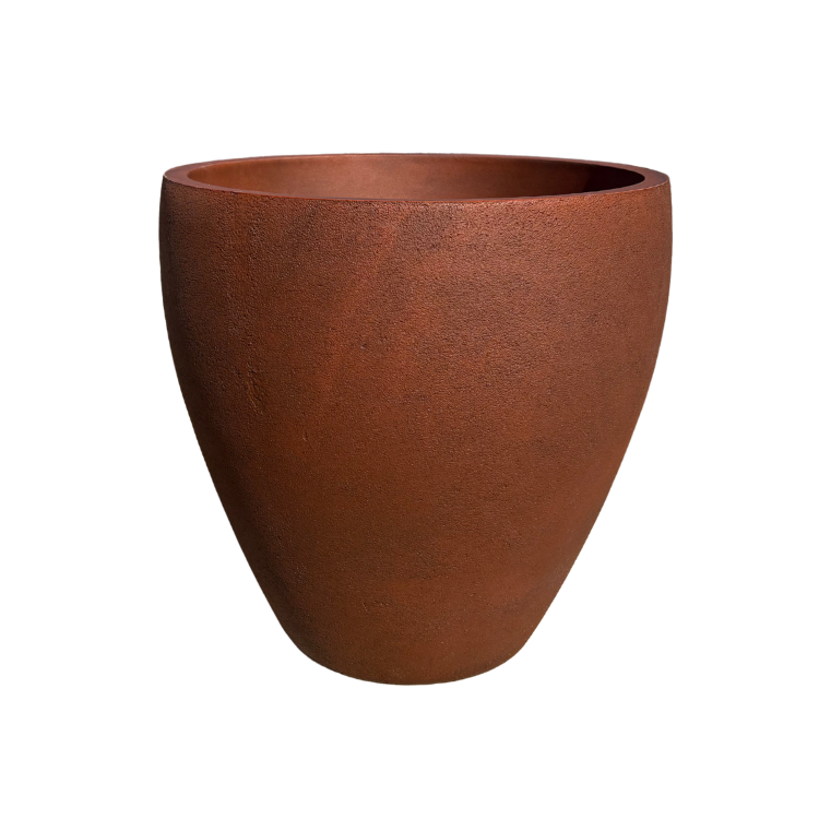 The Rustic Ellipse Japi Planter by Florastyle By Hingham, shown against a white background, features a brown, round, smooth-textured design with a wide opening—ideal for making a statement in any space.