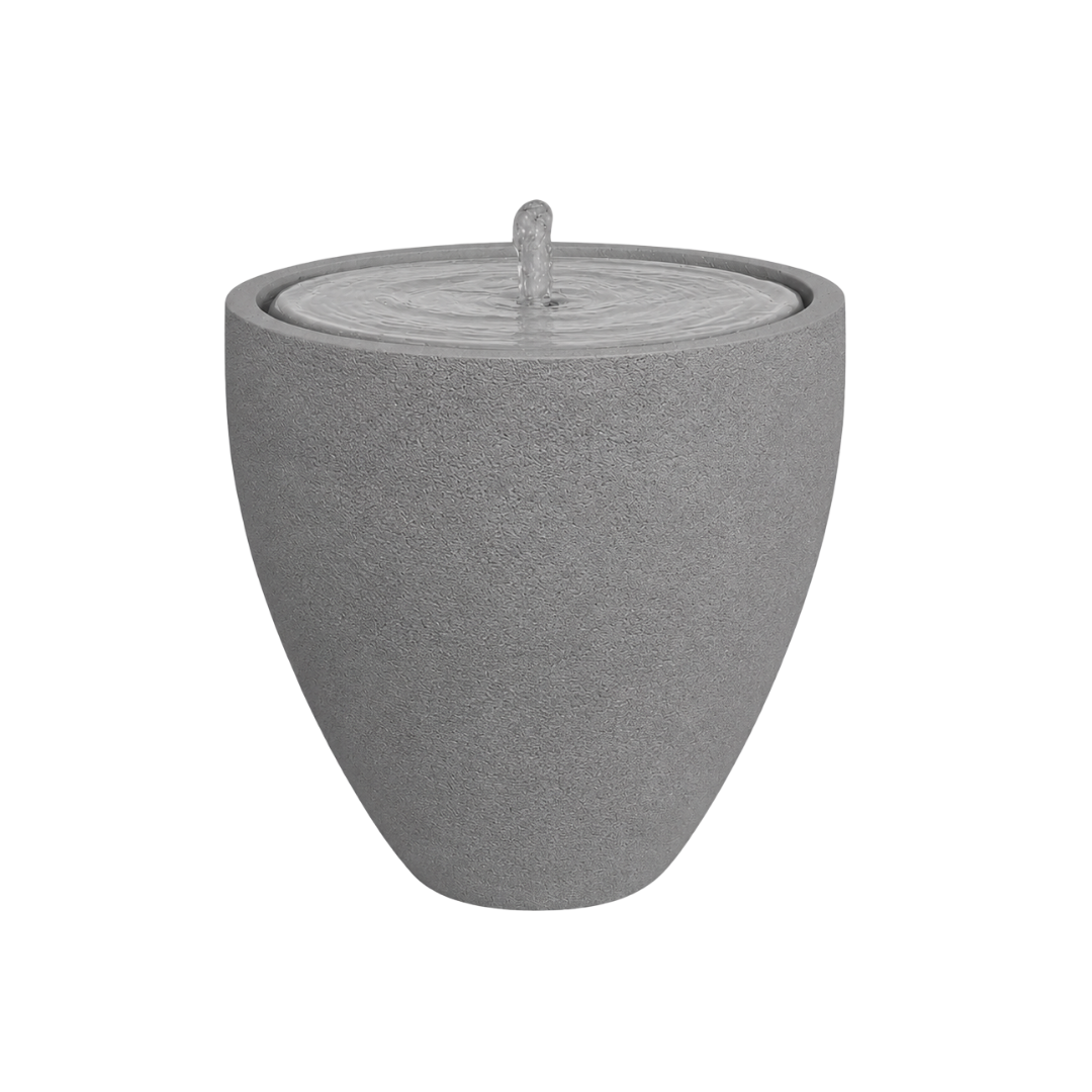 The Florastyle By Hingham Water Feature - Rustic Ellipse Small is a modern gray, bowl-shaped tabletop fountain with a smooth, subtly rustic finish—perfect for adding gentle water movement to indoor or outdoor spaces.