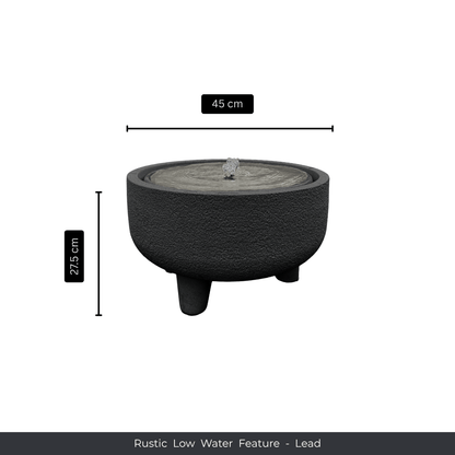 A round, rustic low-profile water feature by Florastyle By Hingham in lead color with three short legs, 45 cm wide and 27.5 cm tall. Center bubbles water gently. Label below: “Water Feature - Rustic Low”. Made from polyresin, durable and waterproof, yet lightweight. Suitable for indoor and outdoor spaces.
Colour: Lead
Price: R3145