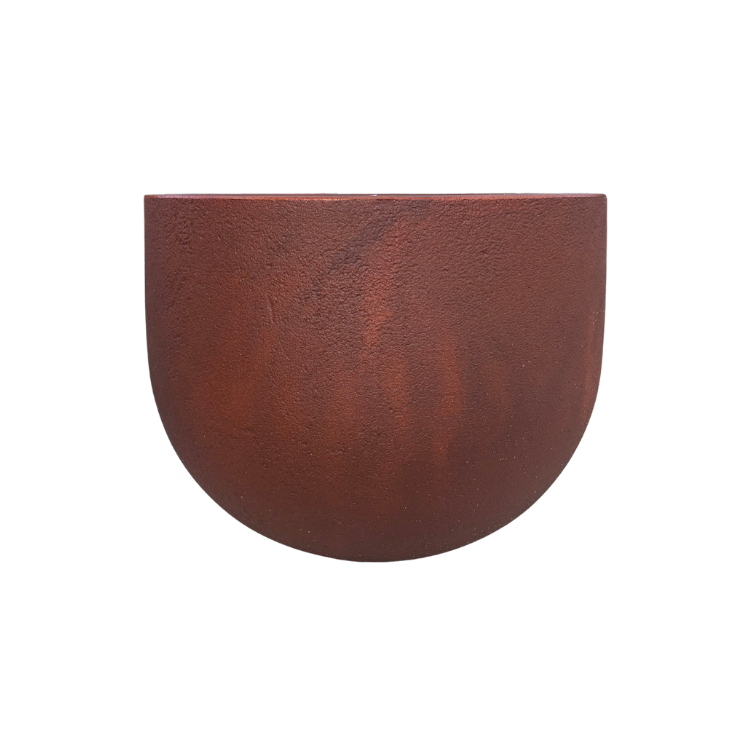 A minimalist half-circle wall planter with a brown textured finish complements the Florastyle By Hingham Rustic Round Japi Planter, featuring a smooth curved bottom and flat top—perfect for modern indoor or outdoor spaces.