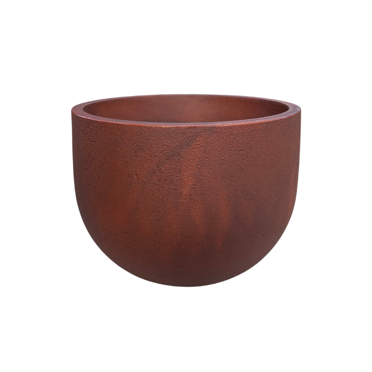 The Rustic Round Japi Planter by Florastyle By Hingham features a smooth deep brown polyresin finish. Lightweight and versatile, it's ideal for indoor or outdoor use, as shown against a white background.
