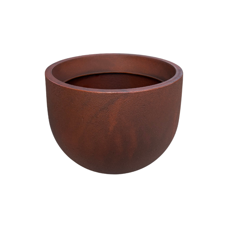 The Rustic Round Japi Planter by Florastyle By Hingham is a deep, reddish-brown polyresin planter with a smooth, decoration-free surface, shown against a plain white background.