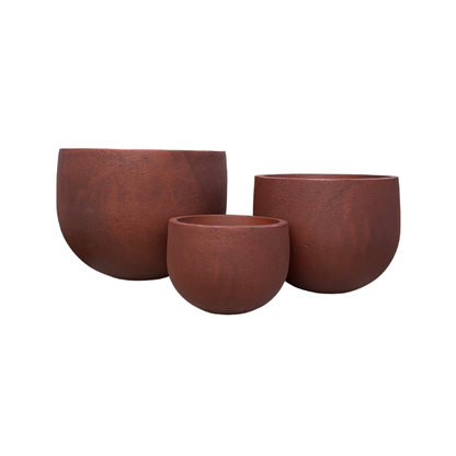 Three round, reddish-brown Rustic Round Japi Planters by Florastyle By Hingham in different sizes are arranged side by side against a white background, highlighting their lightweight polyresin design for indoor or outdoor use.
