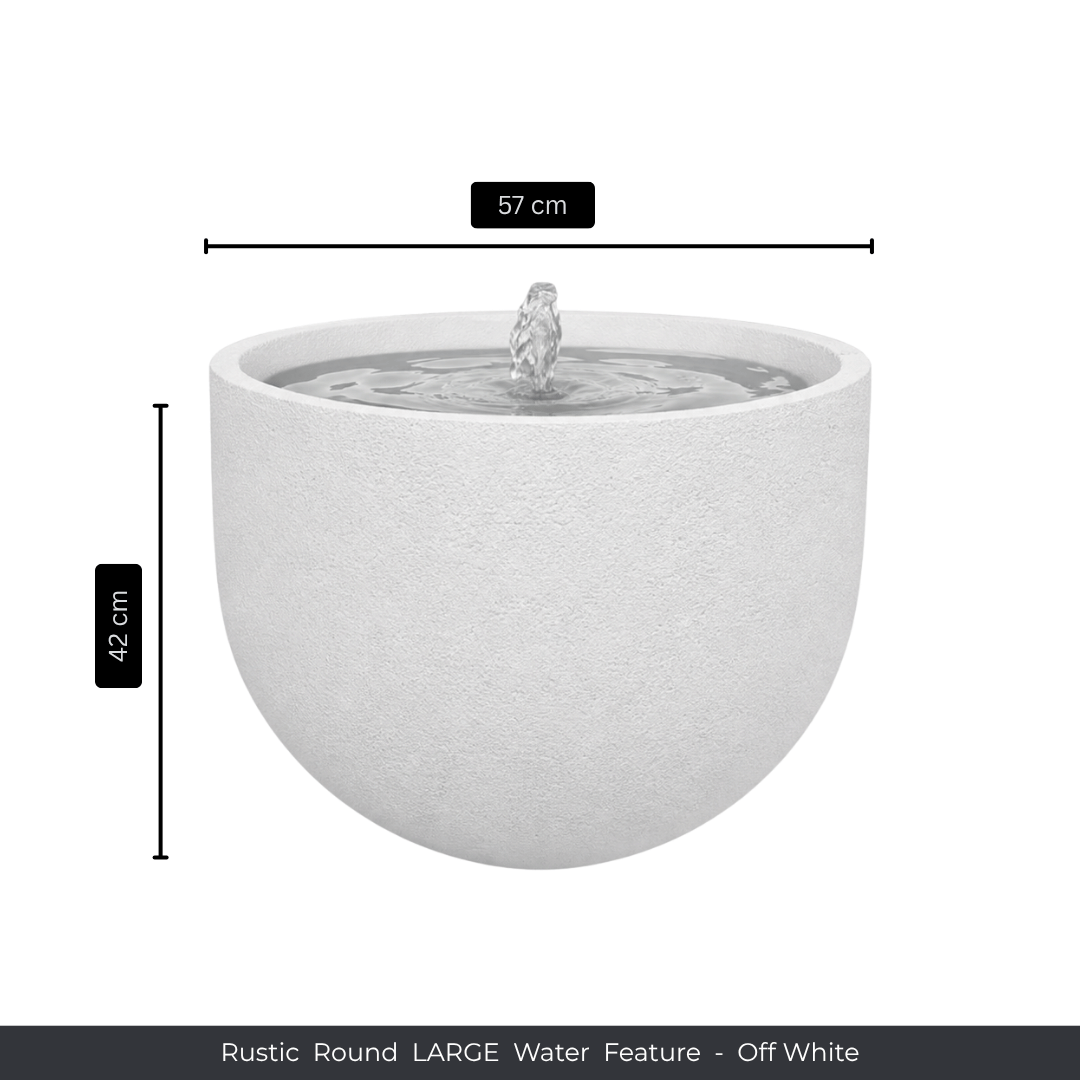 The Florastyle By Hingham Water Feature - Rustic Round is off-white and round, with water flowing from the center. Measuring 57 cm wide and 42 cm high, it adds UV-resistant décor to your patio. Text label: Rustic Round LARGE Water Feature - Off White. Made from polyresin, durable and waterproof, yet lightweight. Suitable for indoor and outdoor spaces.
Colour: Off White
Price: R3625
