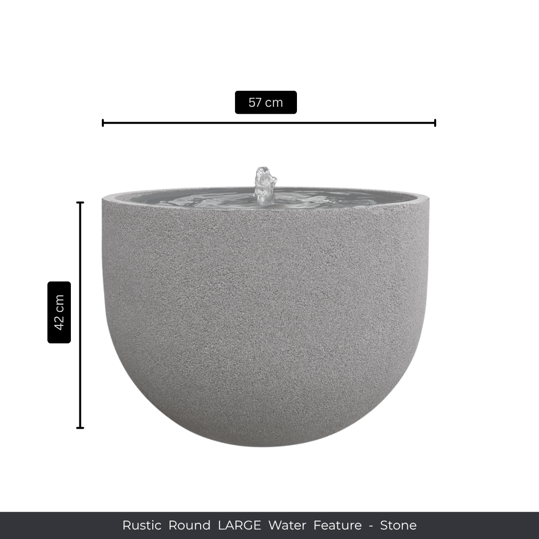 A round, stone water feature by Florastyle By Hingham with a central fountain. Measures 57 cm wide x 42 cm tall. Rustic texture adds charm. Text below reads: Water Feature - Rustic Round by Florastyle By Hingham. Made from polyresin, durable and waterproof, yet lightweight. Suitable for indoor and outdoor spaces.
Colour: Stone
Price: R3625