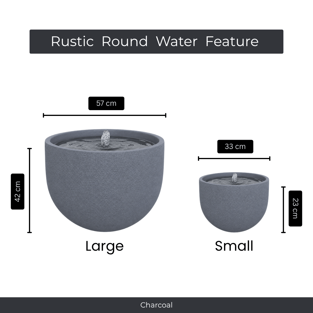 Florastyle By Hingham’s Water Feature - Rustic Round comes in charcoal polyresin, UV-resistant, with two sizes: Large (57x42 cm) and Small (33x23 cm). An ideal outdoor fountain for your space. Made from polyresin, durable and waterproof, yet lightweight. Suitable for indoor and outdoor spaces.
Colour: Charcoal