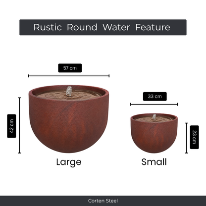 Two Florastyle By Hingham Water Feature - Rustic Round units, made with corten steel and UV-resistant polyresin, create a charming patio centerpiece with central bubbling water and clearly labeled dimensions.