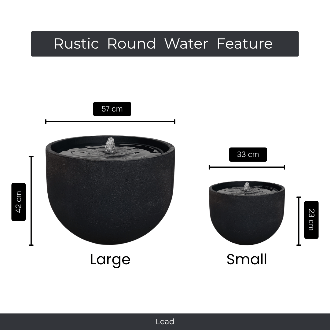 The Florastyle By Hingham Water Feature - Rustic Round set includes two black, UV-resistant polyresin fountains (42x57cm and 23x33cm) with gentle central bubbling—ideal as an outdoor water fountain. Text above reads: Water Feature - Rustic Round. Made from polyresin, durable and waterproof, yet lightweight. Suitable for indoor and outdoor spaces.
Colour: Lead