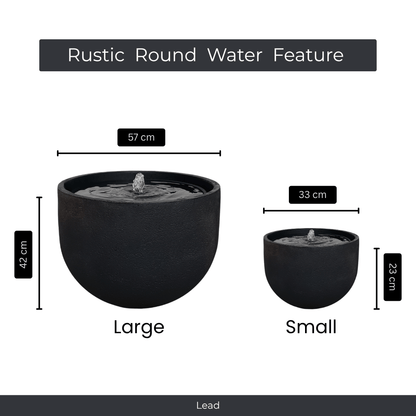 The Florastyle By Hingham Water Feature - Rustic Round set includes two black, UV-resistant polyresin fountains (42x57cm and 23x33cm) with gentle central bubbling—ideal as an outdoor water fountain. Text above reads: Water Feature - Rustic Round. Made from polyresin, durable and waterproof, yet lightweight. Suitable for indoor and outdoor spaces.
Colour: Lead