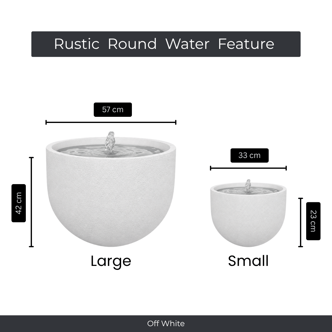 Two off-white, round Florastyle By Hingham water features are shown: one large (57x42 cm) and one small (33x23 cm), both with water flowing at the top. Made from UV-resistant polyresin. Text: Water Feature - Rustic Round. Made from polyresin, durable and waterproof, yet lightweight. Suitable for indoor and outdoor spaces.
Colour: Off White