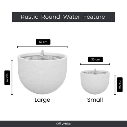 Two off-white, round Florastyle By Hingham water features are shown: one large (57x42 cm) and one small (33x23 cm), both with water flowing at the top. Made from UV-resistant polyresin. Text: Water Feature - Rustic Round. Made from polyresin, durable and waterproof, yet lightweight. Suitable for indoor and outdoor spaces.
Colour: Off White