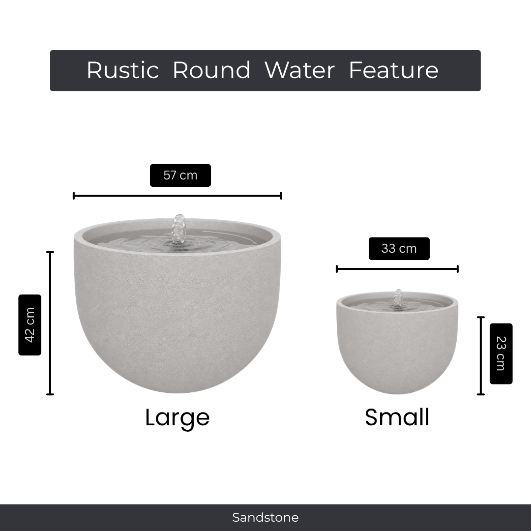 The Florastyle By Hingham Water Feature – Rustic Round comes in sandstone, UV-resistant polyresin, with a central spout. Large: 42cm H x 57cm W; Small: 23cm H x 33cm W—ideal as a charming outdoor fountain. Made from polyresin, durable and waterproof, yet lightweight. Suitable for indoor and outdoor spaces.
Colour: Sandstone