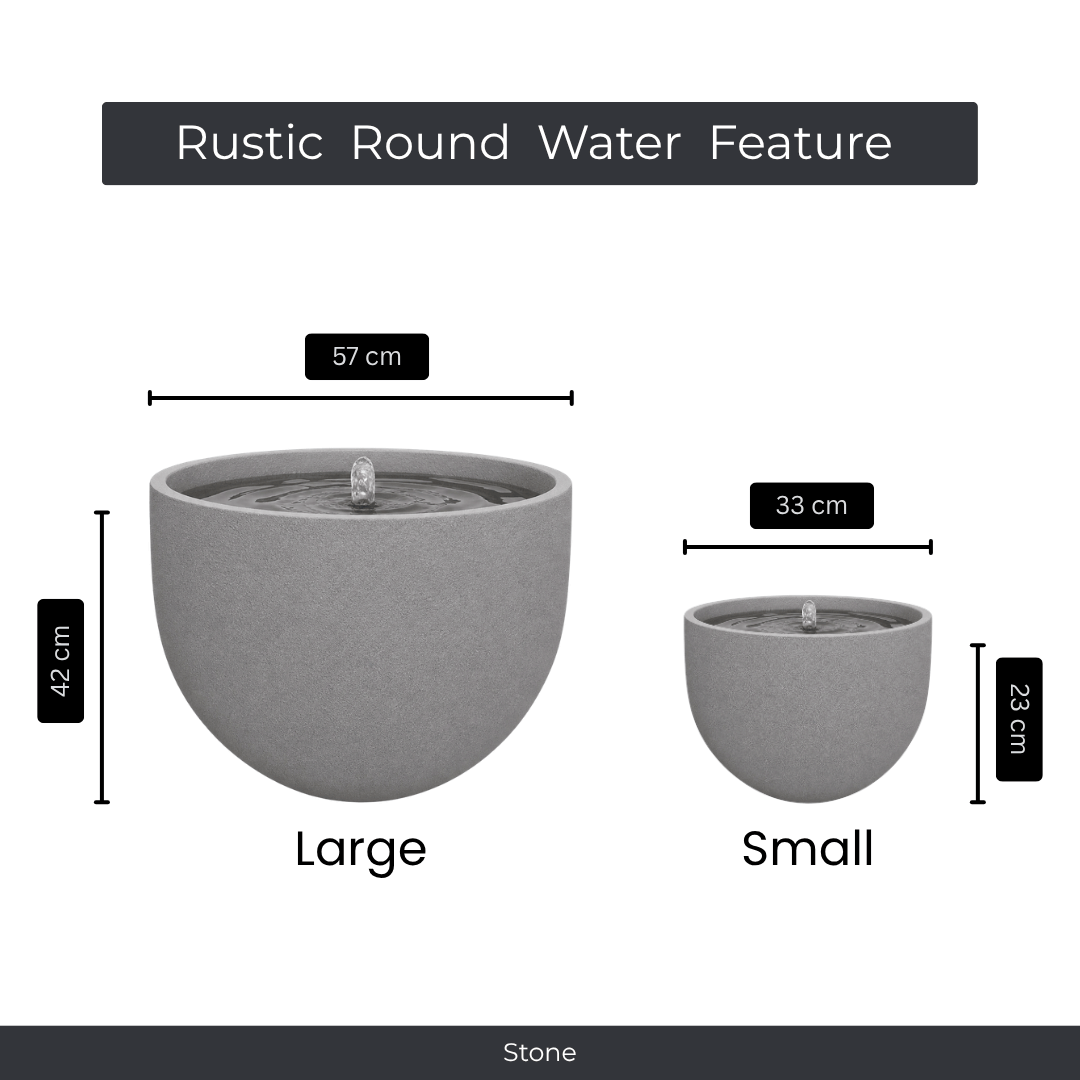 Two Florastyle By Hingham Water Feature - Rustic Round fountains, in gray UV-resistant polyresin, are shown side by side: Large (57x42 cm) and Small (33x23 cm), each with water gently bubbling at the top. Made from polyresin, durable and waterproof, yet lightweight. Suitable for indoor and outdoor spaces.
Colour: Stone