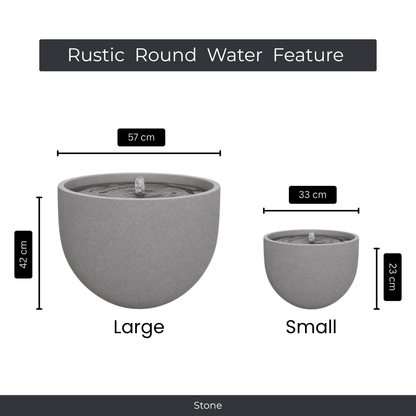 Two Florastyle By Hingham Water Feature - Rustic Round fountains, in gray UV-resistant polyresin, are shown side by side: Large (57x42 cm) and Small (33x23 cm), each with water gently bubbling at the top. Made from polyresin, durable and waterproof, yet lightweight. Suitable for indoor and outdoor spaces.
Colour: Stone