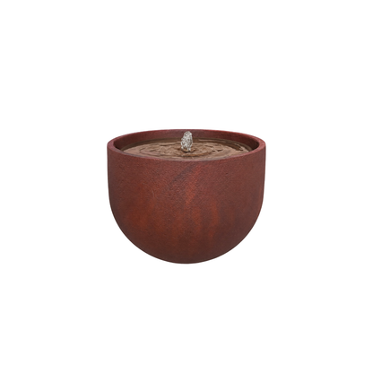 The Florastyle By Hingham Water Feature - Rustic Round is a UV-resistant polyresin, reddish-brown bowl fountain with a central spout creating gentle ripples. Ideal for patios. Shown on a plain white background.