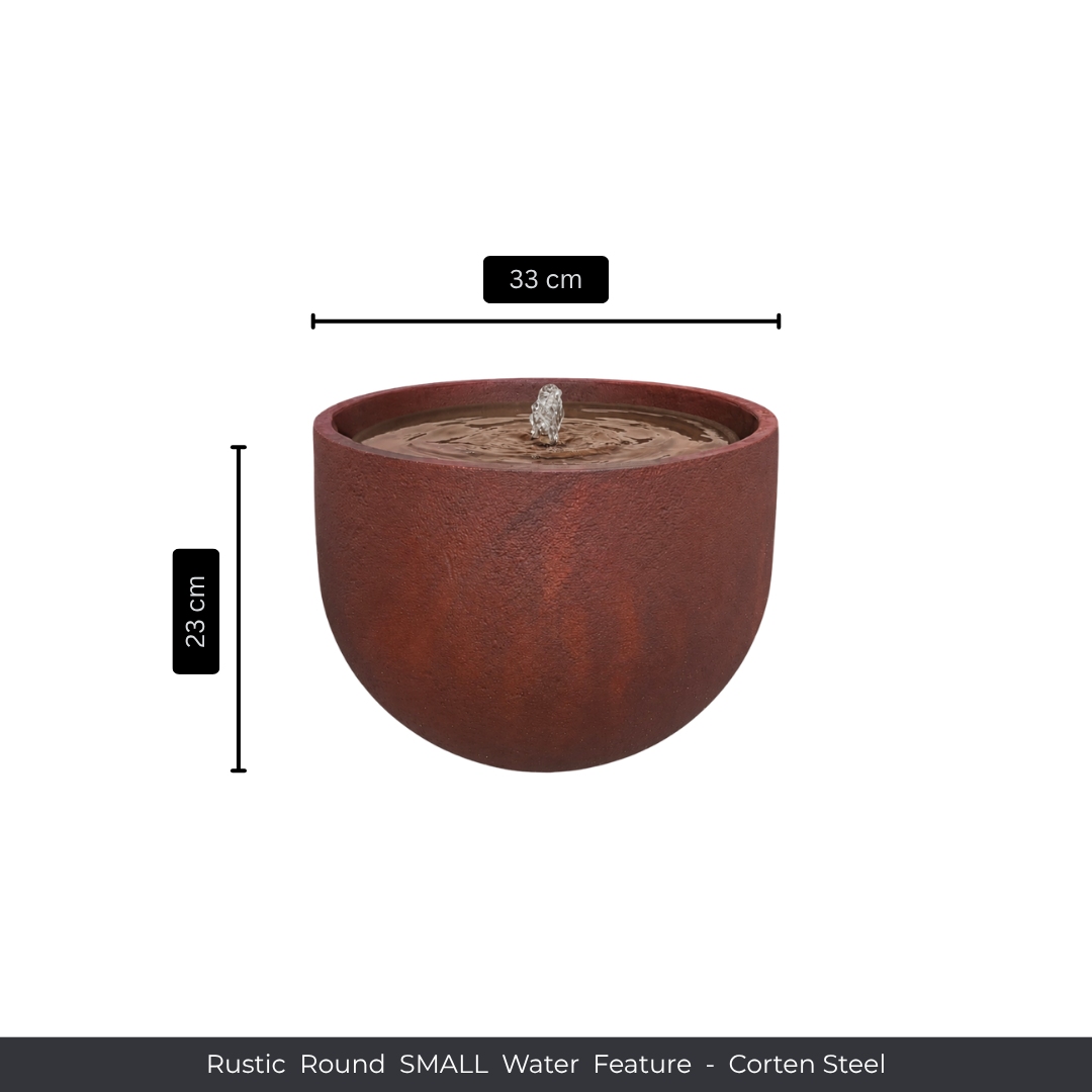 The Florastyle By Hingham Water Feature - Rustic Round is a corten steel piece measuring 33 cm wide by 23 cm tall, perfect for patios with its charming, gently bubbling center. Text: Rustic Round SMALL Water Feature - Corten Steel.