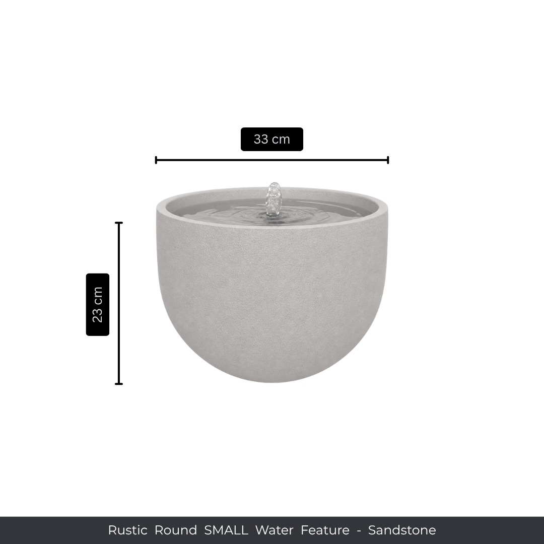 The Florastyle By Hingham Water Feature - Rustic Round has a sandstone finish, is 33 cm wide by 23 cm tall, and suits garden use. Displayed on a white background with labeled dimensions and the product name bar at the bottom. Made from polyresin, durable and waterproof, yet lightweight. Suitable for indoor and outdoor spaces.
Colour: Sandstone
Price: R1495