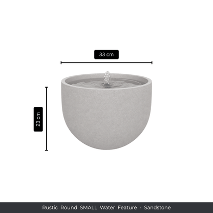 The Florastyle By Hingham Water Feature - Rustic Round has a sandstone finish, is 33 cm wide by 23 cm tall, and suits garden use. Displayed on a white background with labeled dimensions and the product name bar at the bottom. Made from polyresin, durable and waterproof, yet lightweight. Suitable for indoor and outdoor spaces.
Colour: Sandstone
Price: R1495