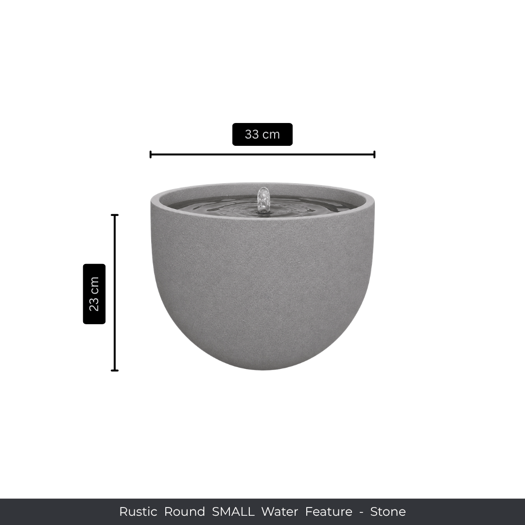 The Water Feature - Rustic Round by Florastyle By Hingham is a small outdoor fountain made from UV-resistant polyresin, measuring 33 cm wide and 23 cm tall, with water bubbling at the center. Text: Rustic Round SMALL Water Feature - Stone. Made from polyresin, durable and waterproof, yet lightweight. Suitable for indoor and outdoor spaces.
Colour: Stone
Price: R1495