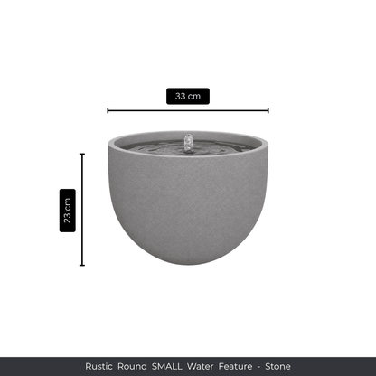The Water Feature - Rustic Round by Florastyle By Hingham is a small outdoor fountain made from UV-resistant polyresin, measuring 33 cm wide and 23 cm tall, with water bubbling at the center. Text: Rustic Round SMALL Water Feature - Stone. Made from polyresin, durable and waterproof, yet lightweight. Suitable for indoor and outdoor spaces.
Colour: Stone
Price: R1495