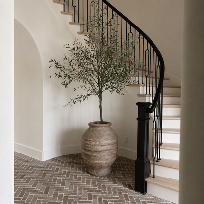 The Sparta Organic Fiberglass Pot - Earth Range by Florastyle By Hingham sits beneath a curved staircase with black railings, while herringbone brick floors and neutral walls create a minimalist, elegant atmosphere.