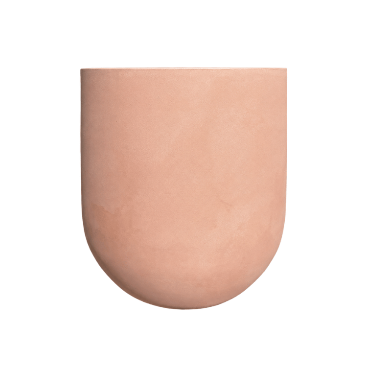 The Traditional Cask Japi Planter by Florastyle By Hingham is a minimalist, matte terra-cotta-colored indoor-outdoor planter with a rounded base and flat top, shown against a plain white background.