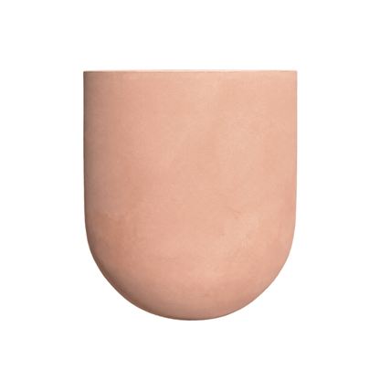 The Traditional Cask Japi Planter by Florastyle By Hingham is a minimalist, matte terra-cotta-colored indoor-outdoor planter with a rounded base and flat top, shown against a plain white background.