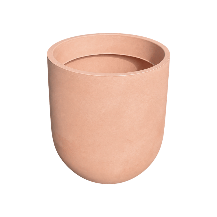 The Florastyle By Hingham Traditional Cask Japi Planter features a round, terracotta-colored polyresin build with a smooth surface and wide opening—durable and lightweight for versatile indoor or outdoor use.