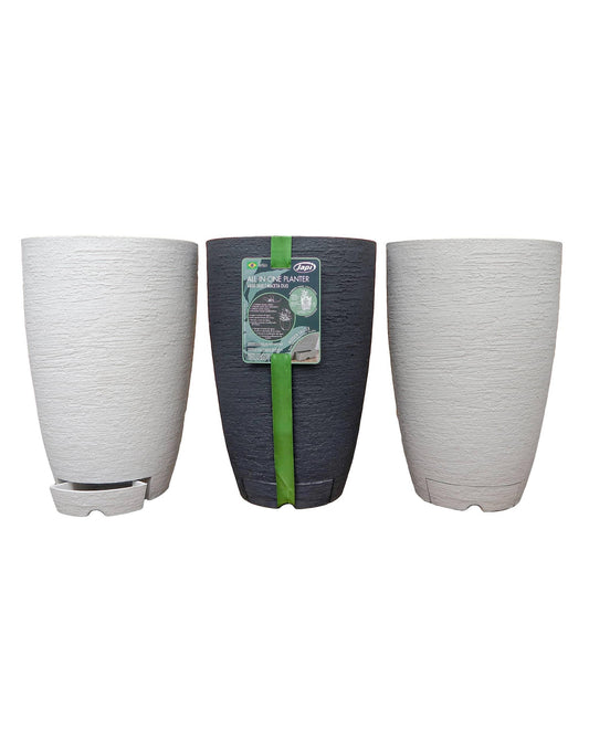 Modern conic Japi planters in three colours, Off white, Lead and Sandstone
