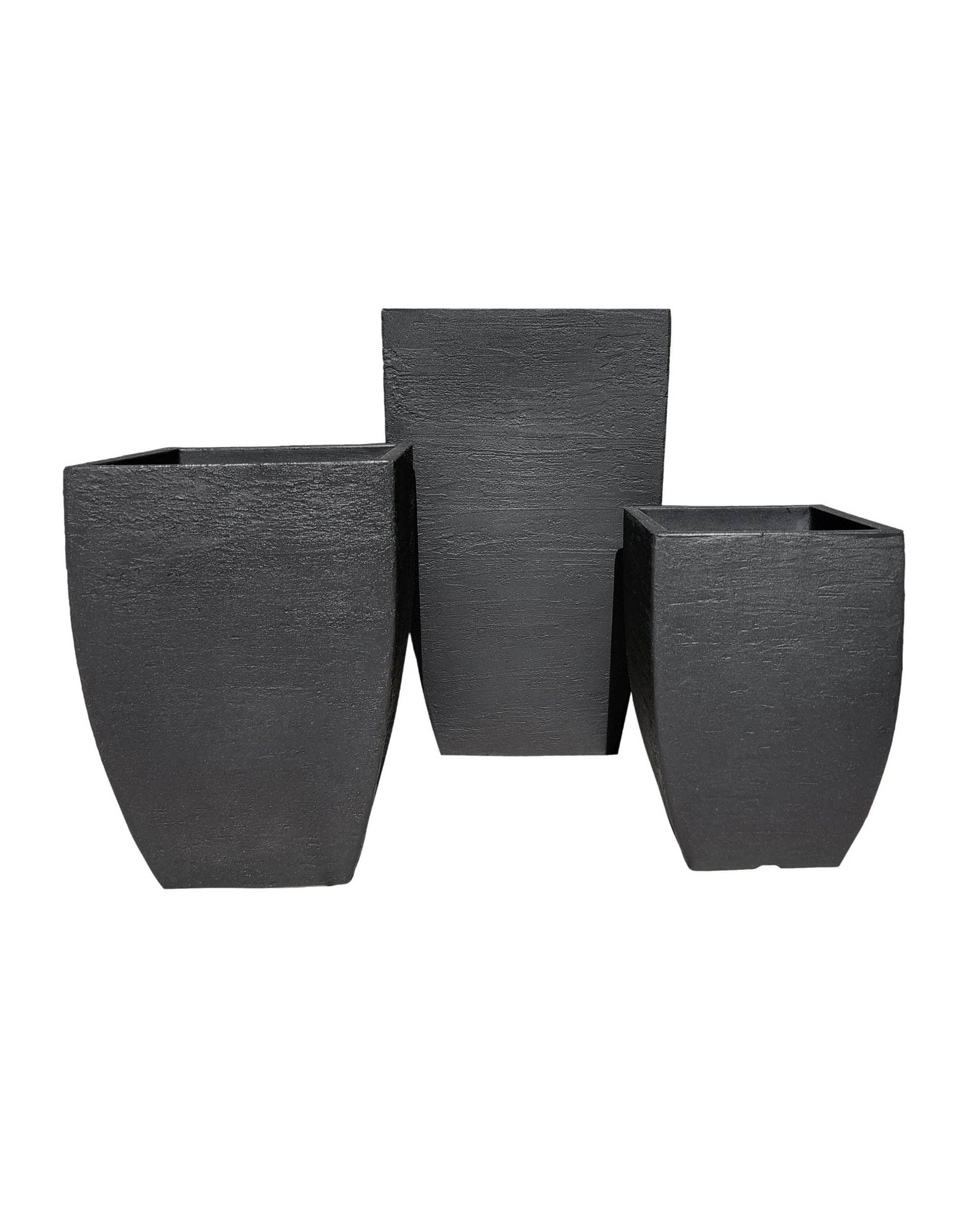 A sophisticated, modern, straight edged planter with clean lines and a textured finish. A perfect planter for the home or office. Great variable sizes. Shown in lead (black)
