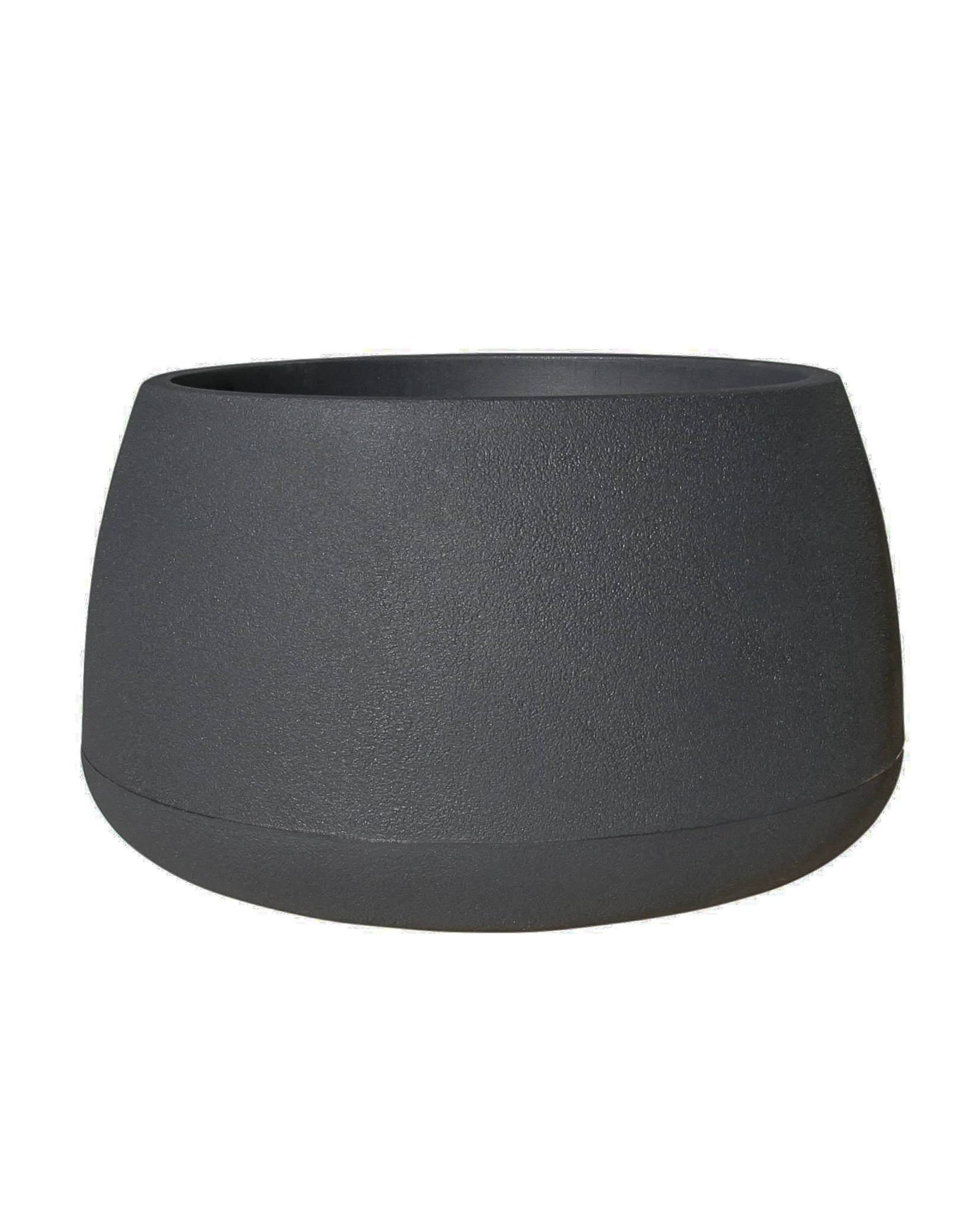 Low rise modern contemporary plant pot with stunning slightly textured finish, and wide neck for planting. Colour Lead (black). Florastyle by Hingham.