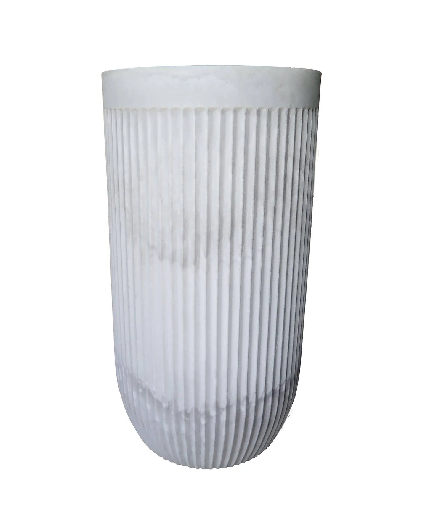 Side view of the tall and elegant planter showing off the unique fluted design in the colour burnt cement