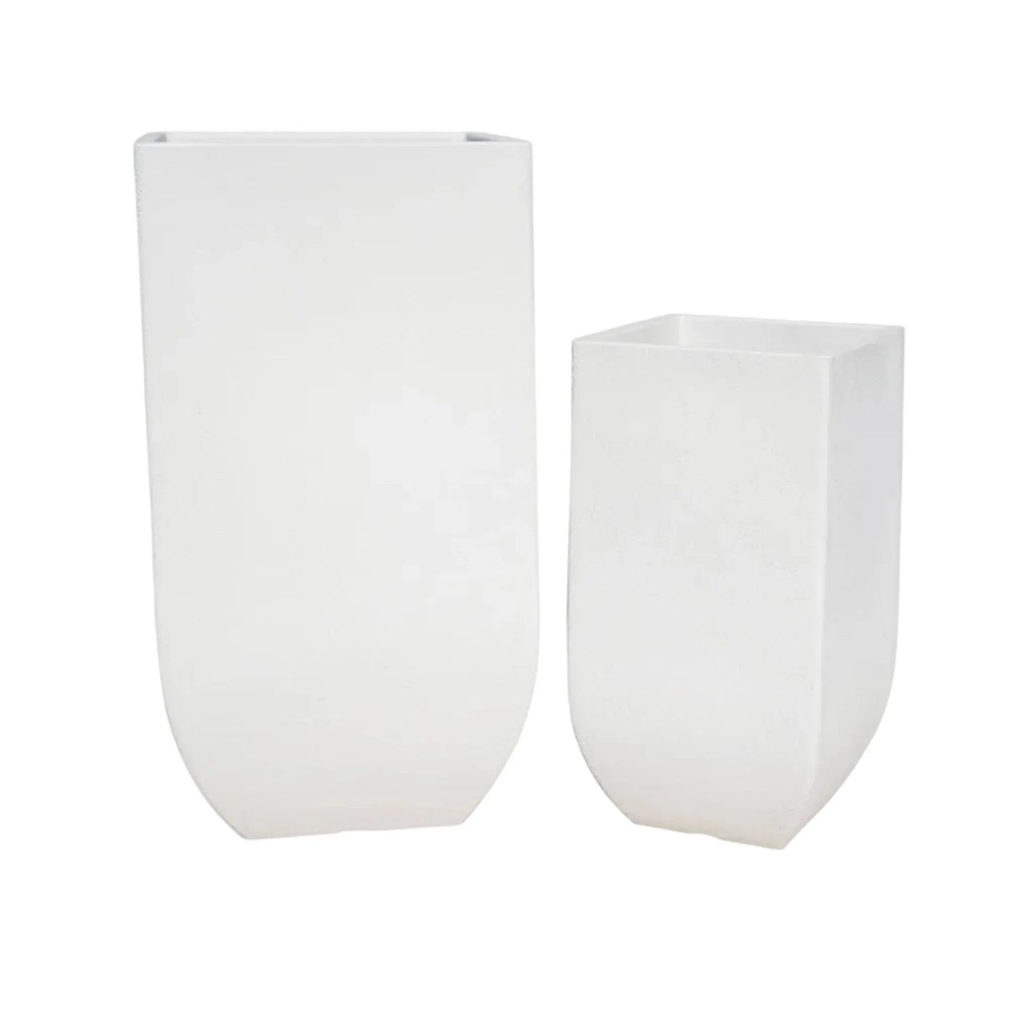 slight angled view of the small and large Japi verticale square planters side by side, tall, upright, off-white.