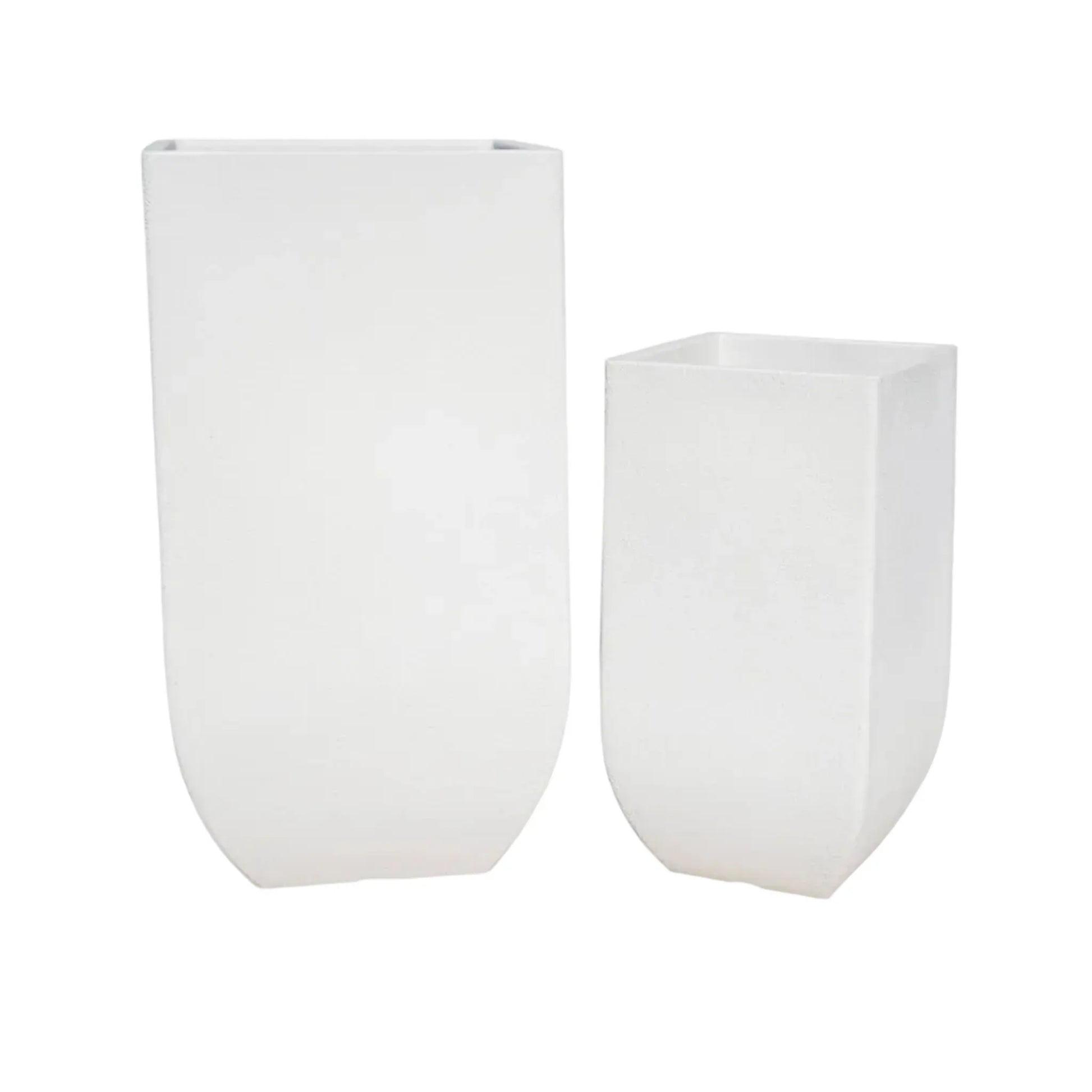 slight angled view of the small and large Japi verticale square planters side by side, tall, upright, off-white.