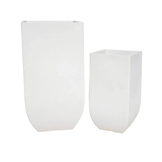 slight angled view of the small and large Japi verticale square planters side by side, tall, upright, off-white.