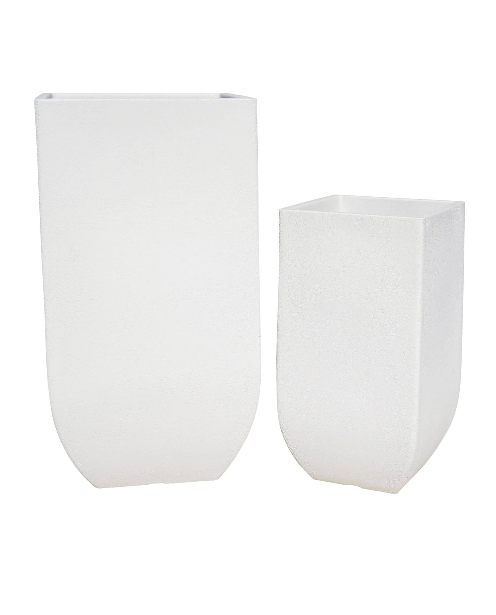 slight angled view of the small and large Japi verticale square planters side by side, tall, upright, off-white.