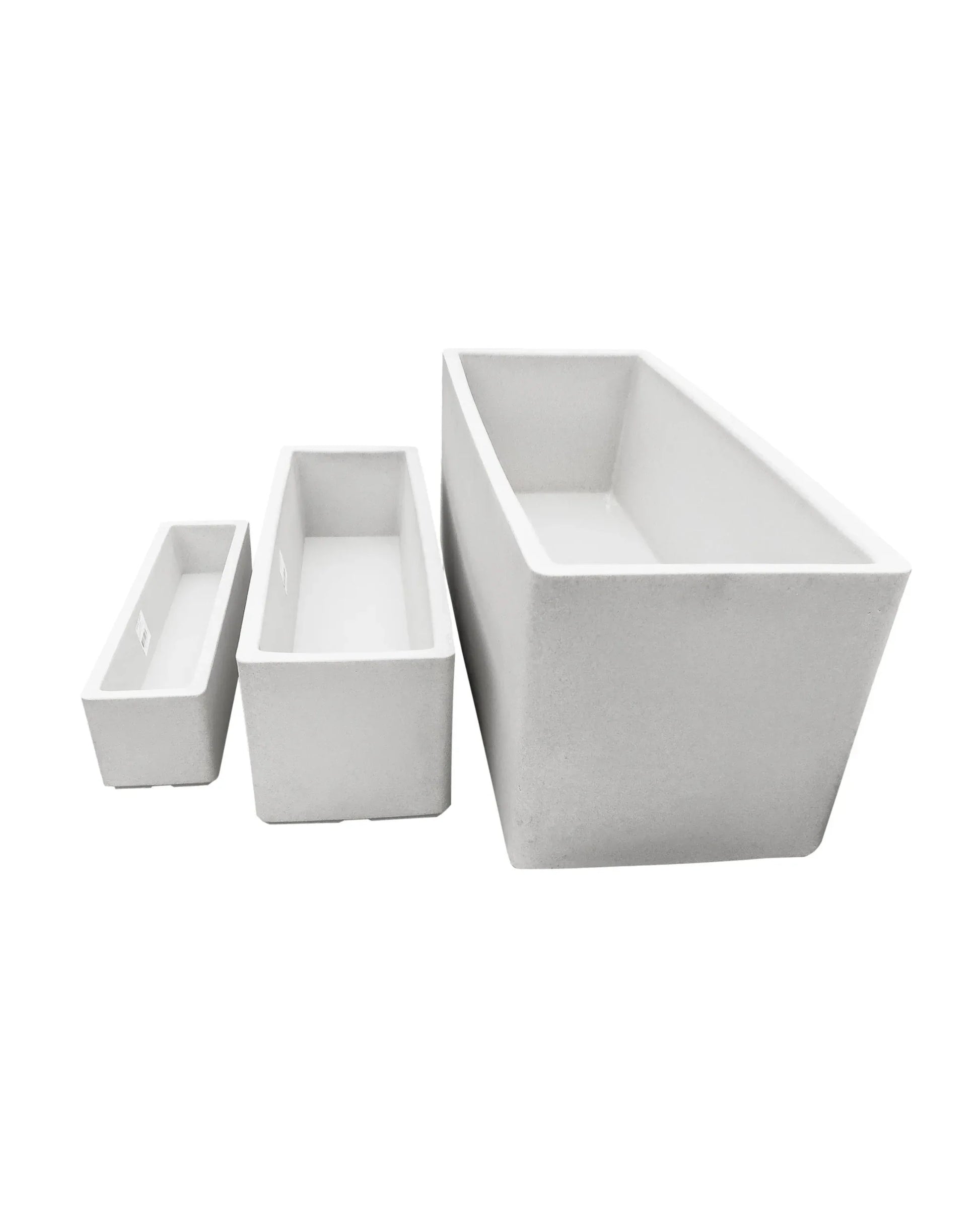 Three lightweight Flat Japi Window Box - Double Walled planters by Florastyle By Hingham in varying sizes are displayed side by side on a white background, with the smallest on the left and largest on the right.