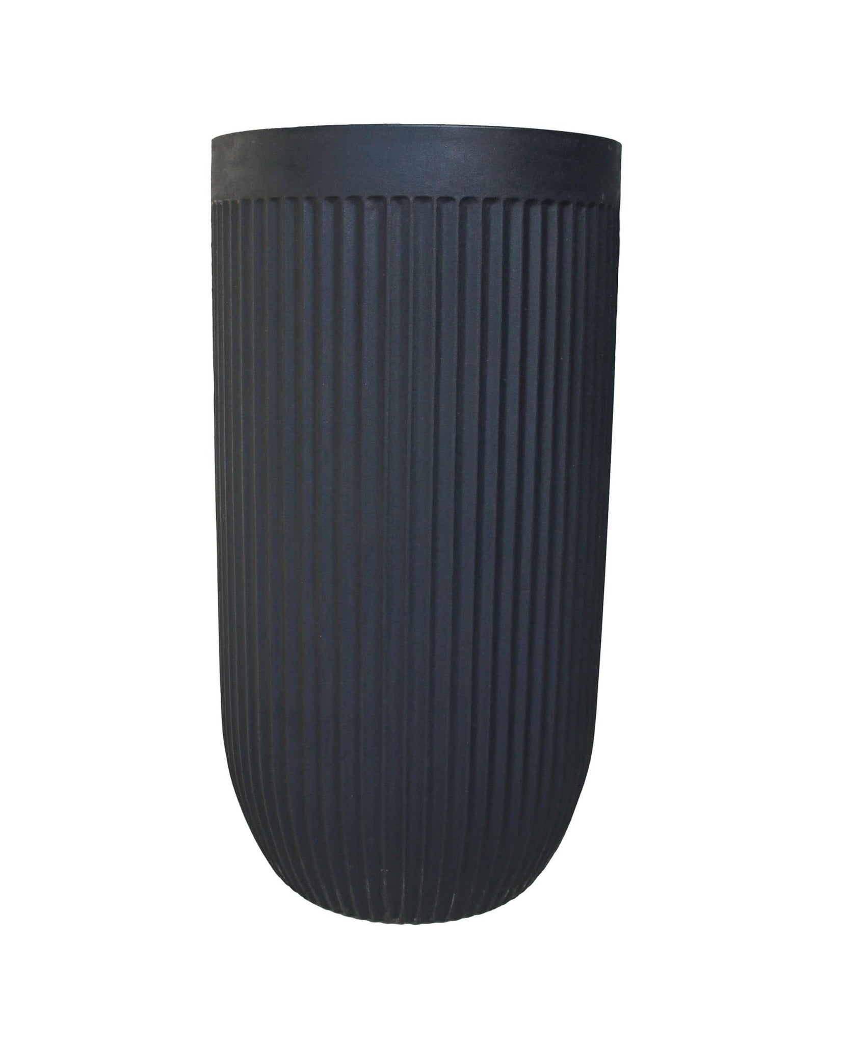 Side view of the tall and elegant planter showing off the unique fluted design in the colour  Lead (black)