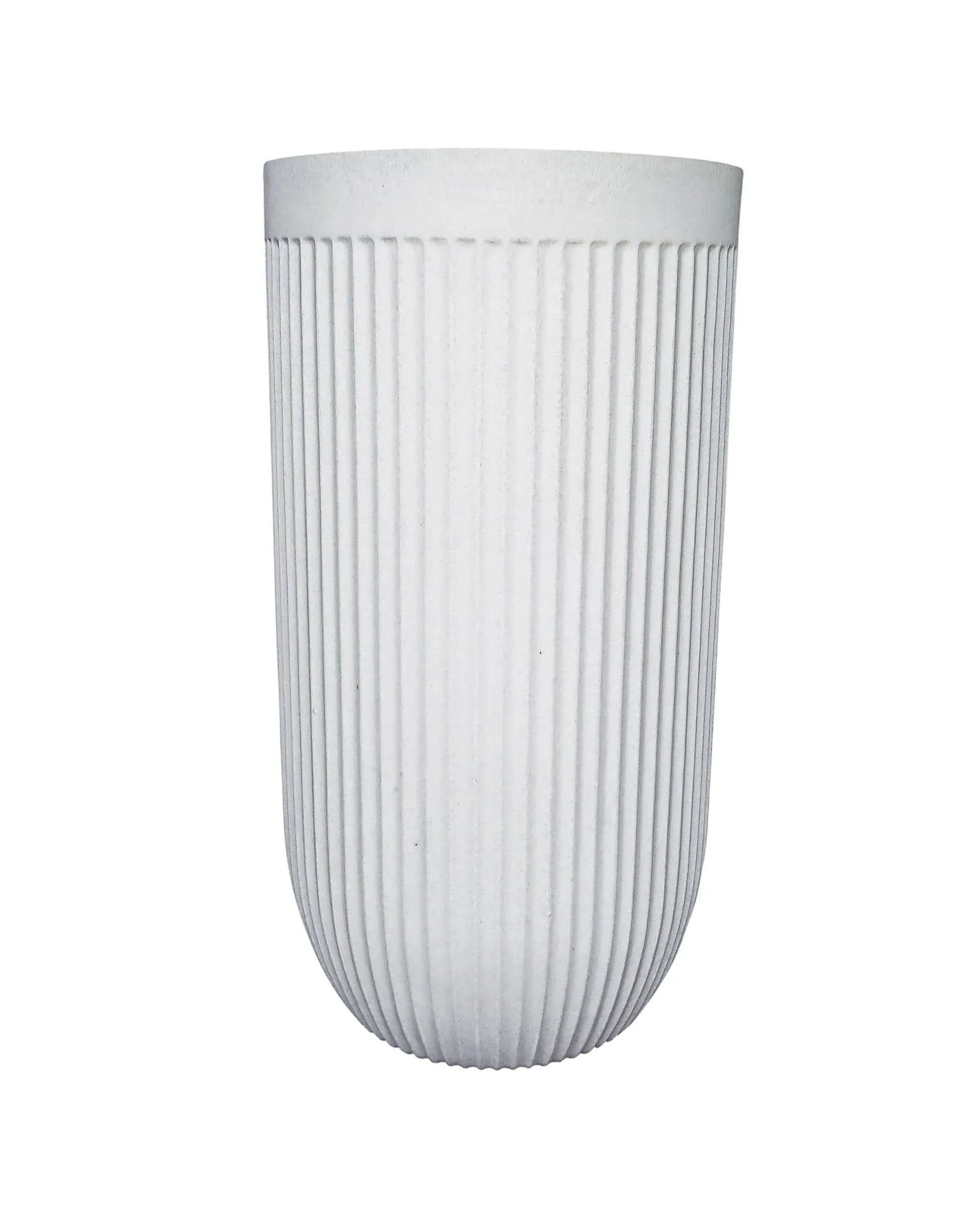 Side view of the tall and elegant planter showing off the unique fluted design in the colour off-white