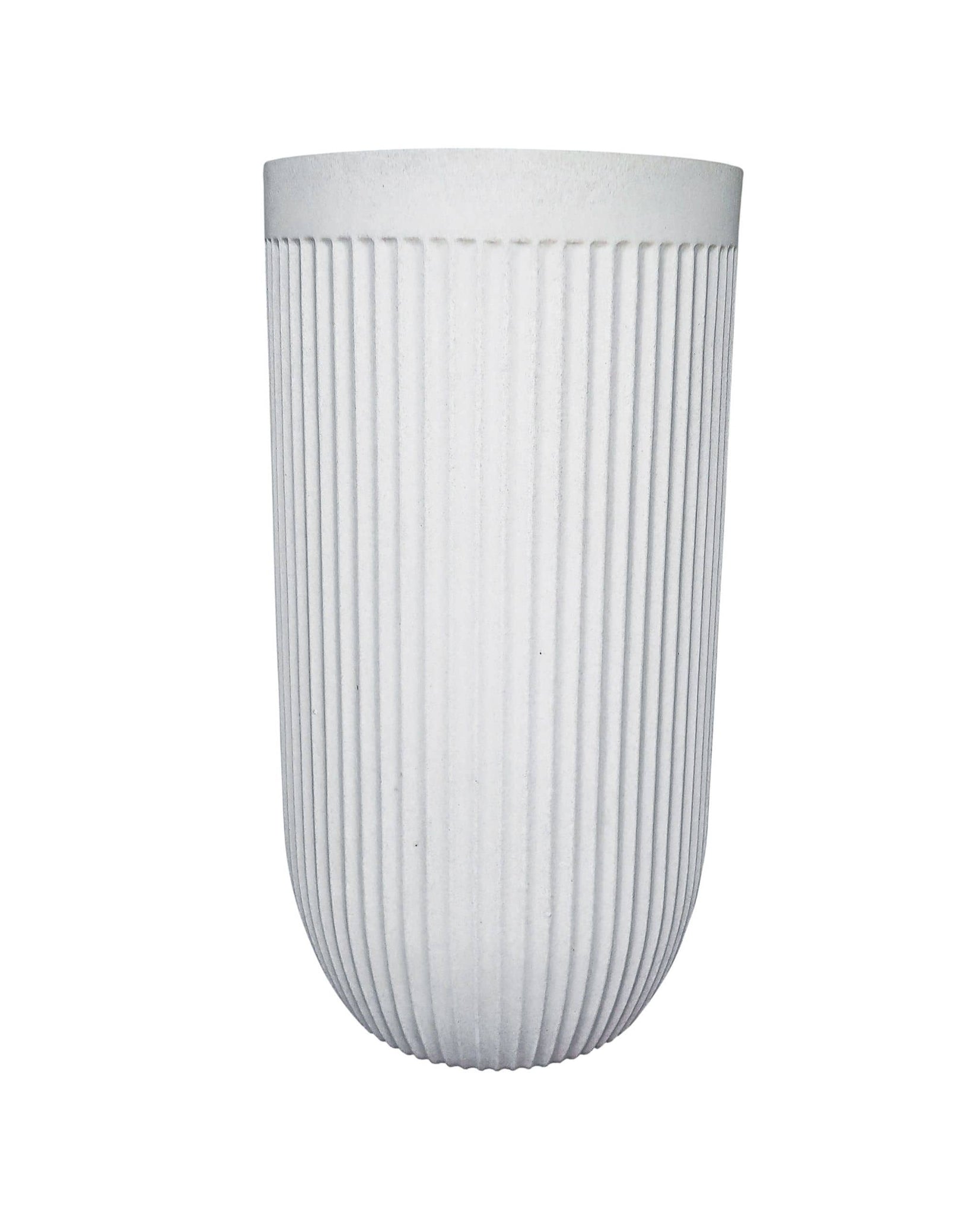 Side view of the tall and elegant planter showing off the unique fluted design in the colour off-white