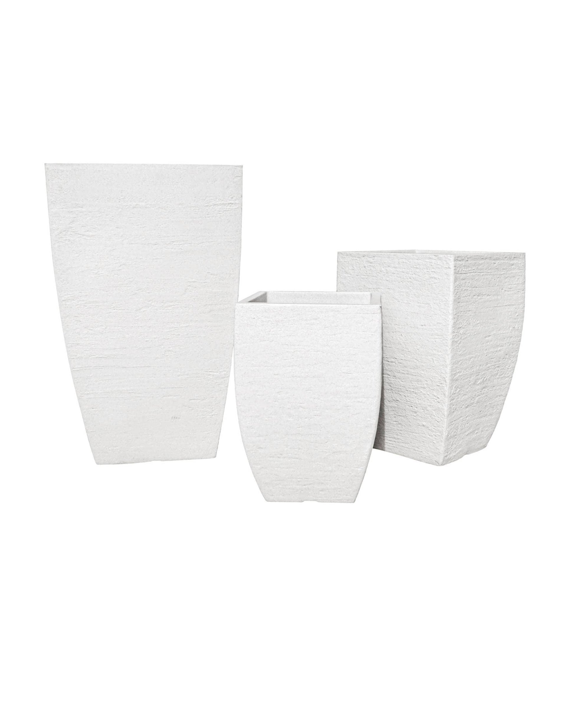 A sophisticated, modern, straight edged planter with clean lines and a textured finish. A perfect planter for the home or office. Great variable sizes. Shown in Off white.