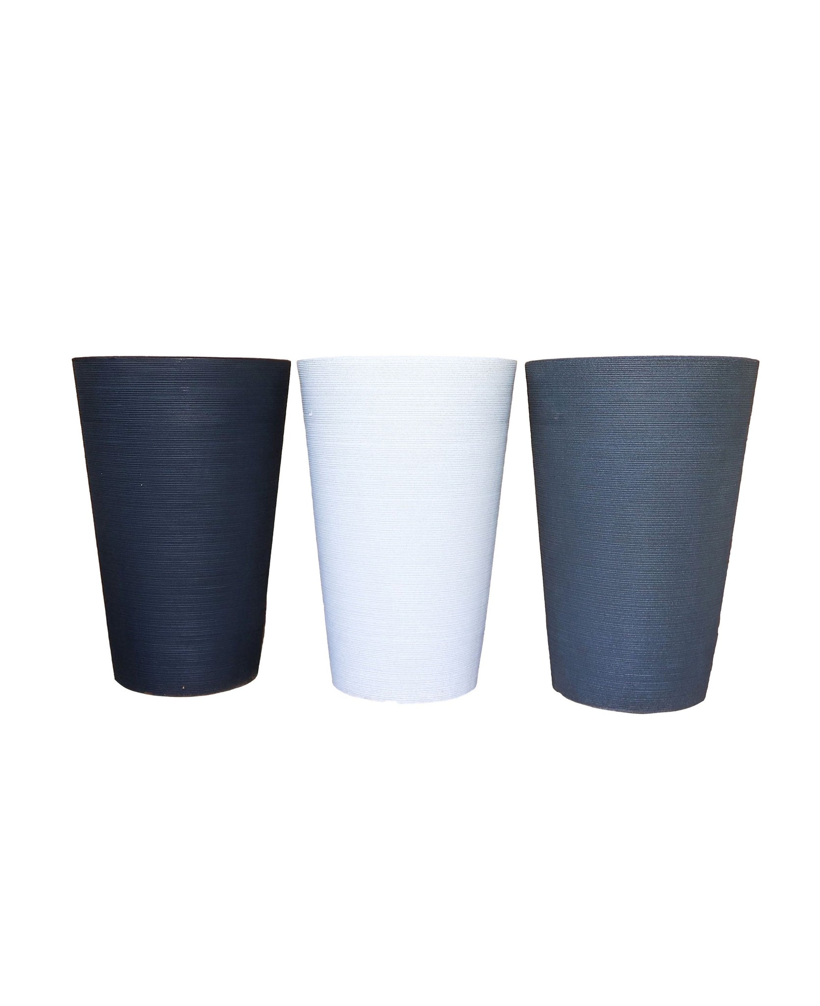 Tall, upright, Round Planters. Stylish. Modern. On trend linear design.