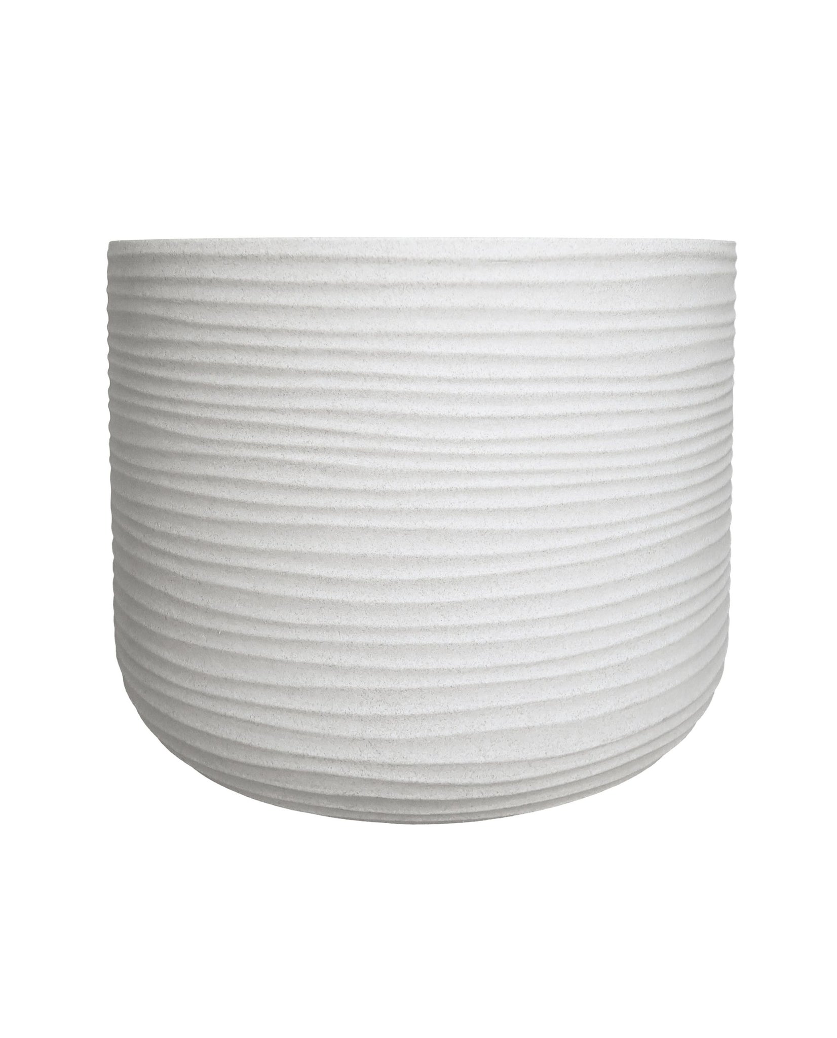 Side view of the beautiful Lagoon round Japi planter with horizontal slightly wavy lines  around the planter, adding texture,  in off white