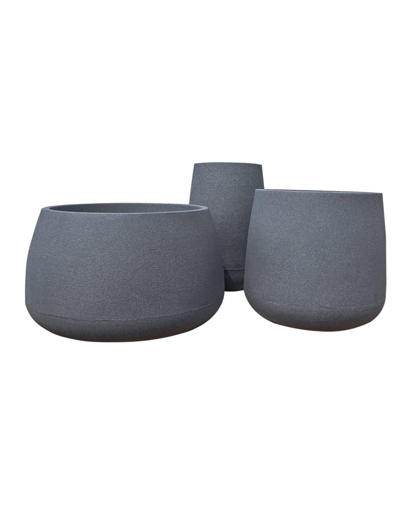 The Low ,Medium and tall Bios Plant pots together reflecting differences in height and width, colour Charcoal