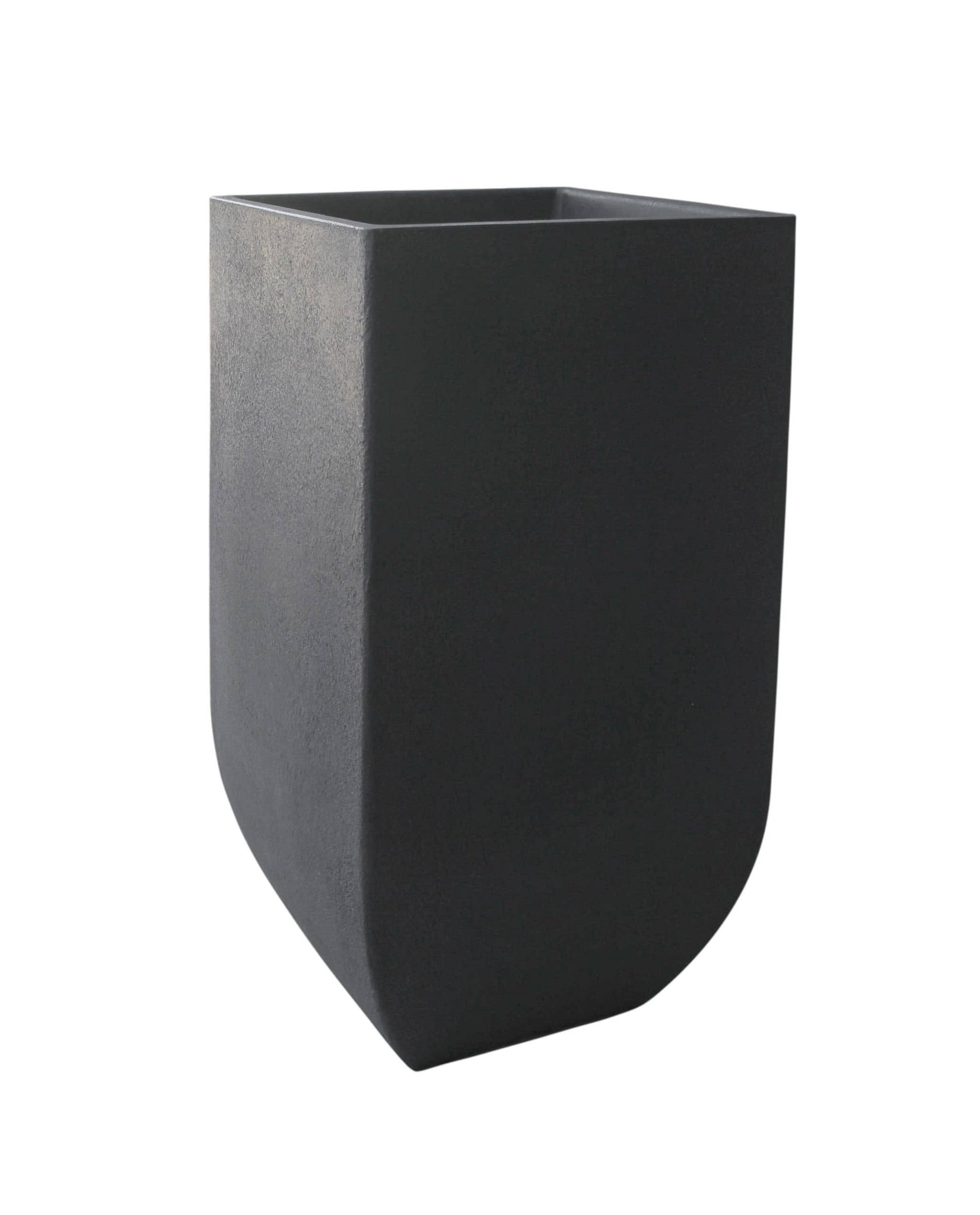side angled view of the Japi verticale square planter, tall, upright, colour lead (black)