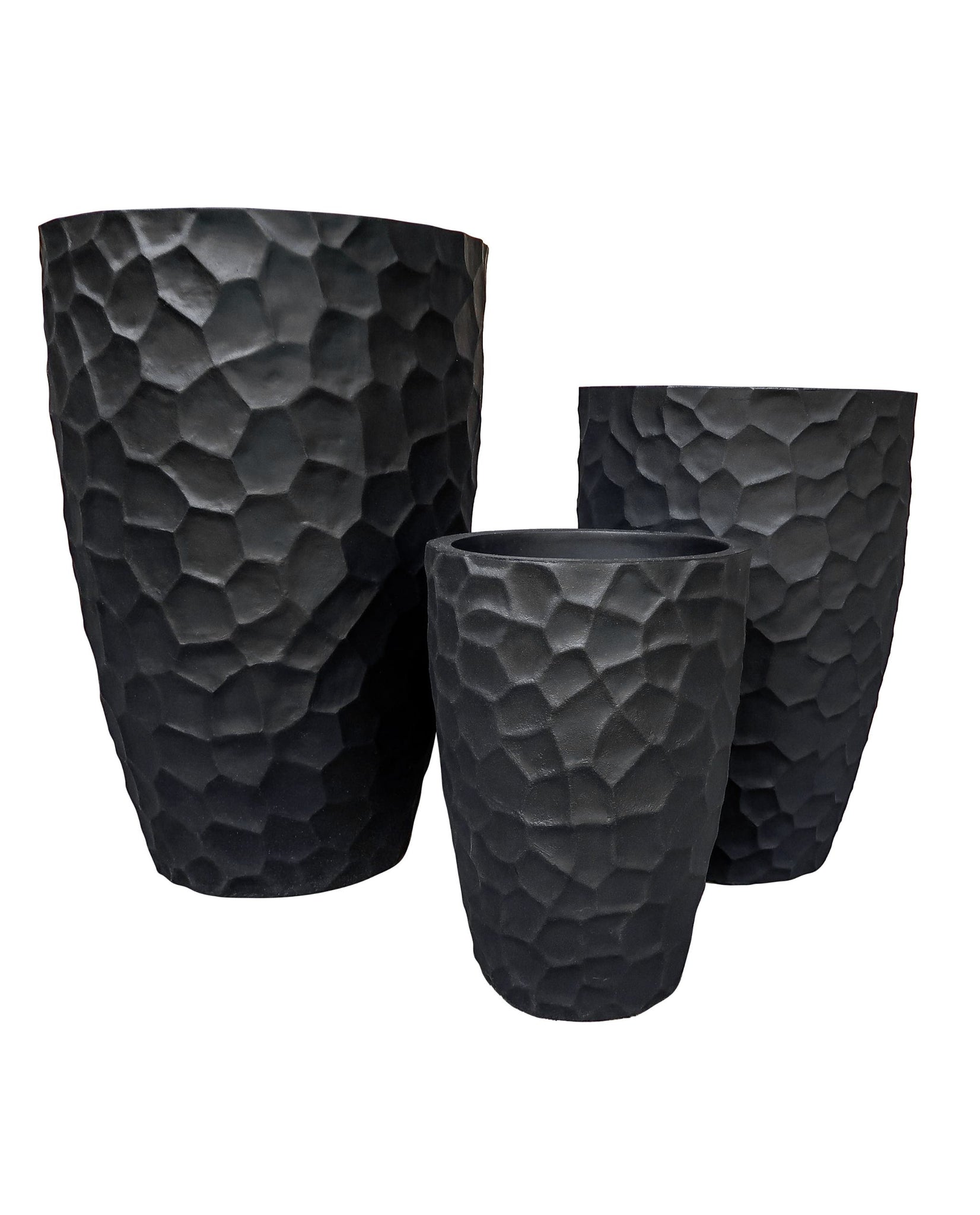 Set of 3 different sized round upright Planters,  with a Trendy Unique Patterned finish. Statement Planters that are Lightweight. colour Lead (black)