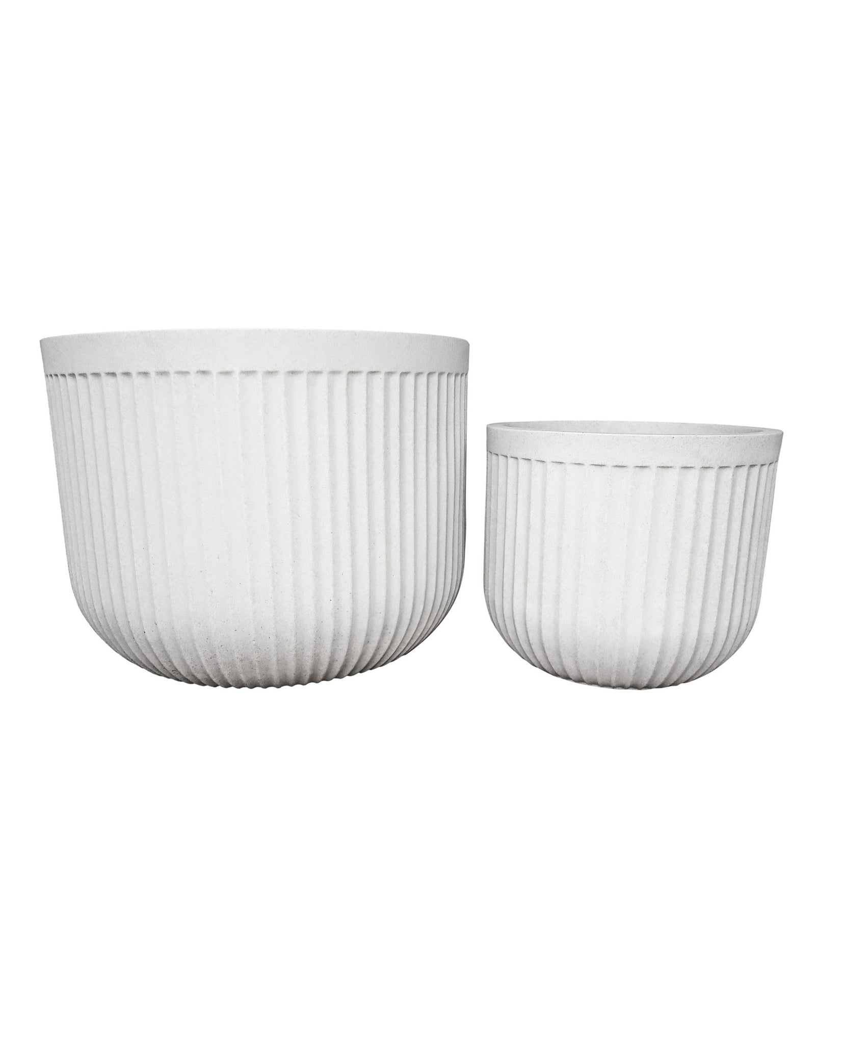 Medium and large round planters, On trend unique fluted design. Wide base, Low rise. Great for indoors and outdoors. Colour off-white