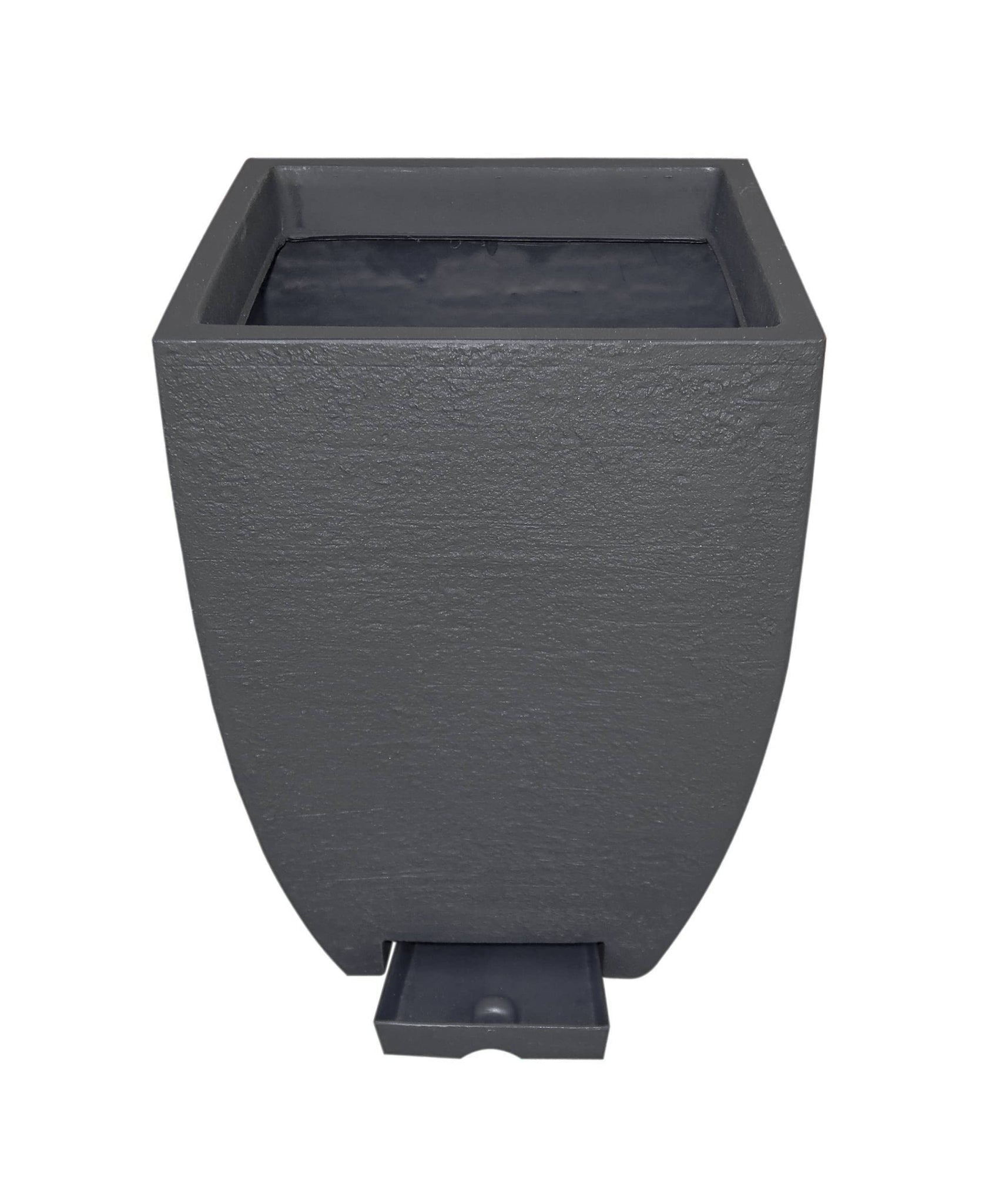 Modern square uptight planter with removable drip tray. Ideal for use indoors or on a patio. Colour Lead (black)