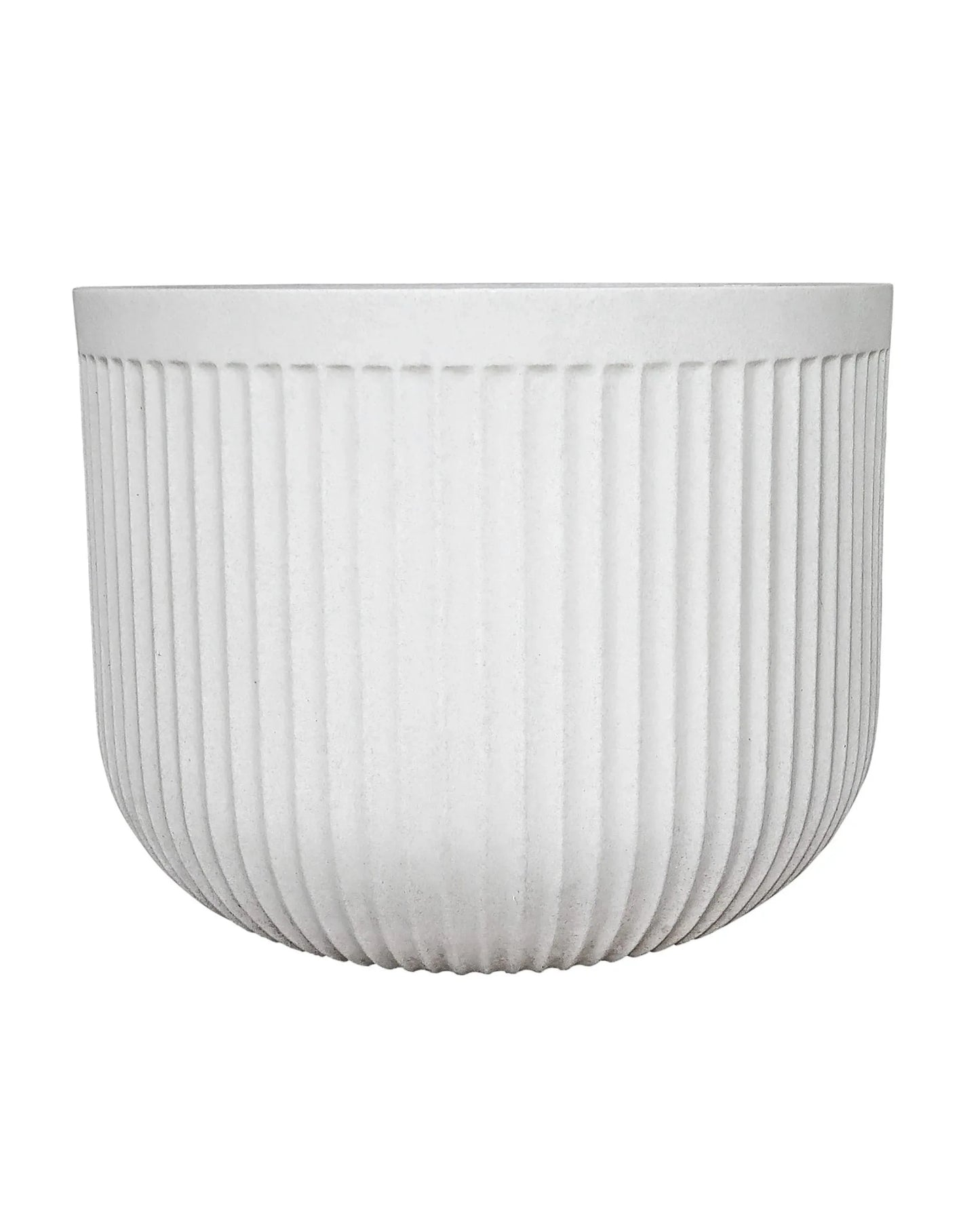 Side view of the planter showing off the unique fluted design in colour burnt cement.