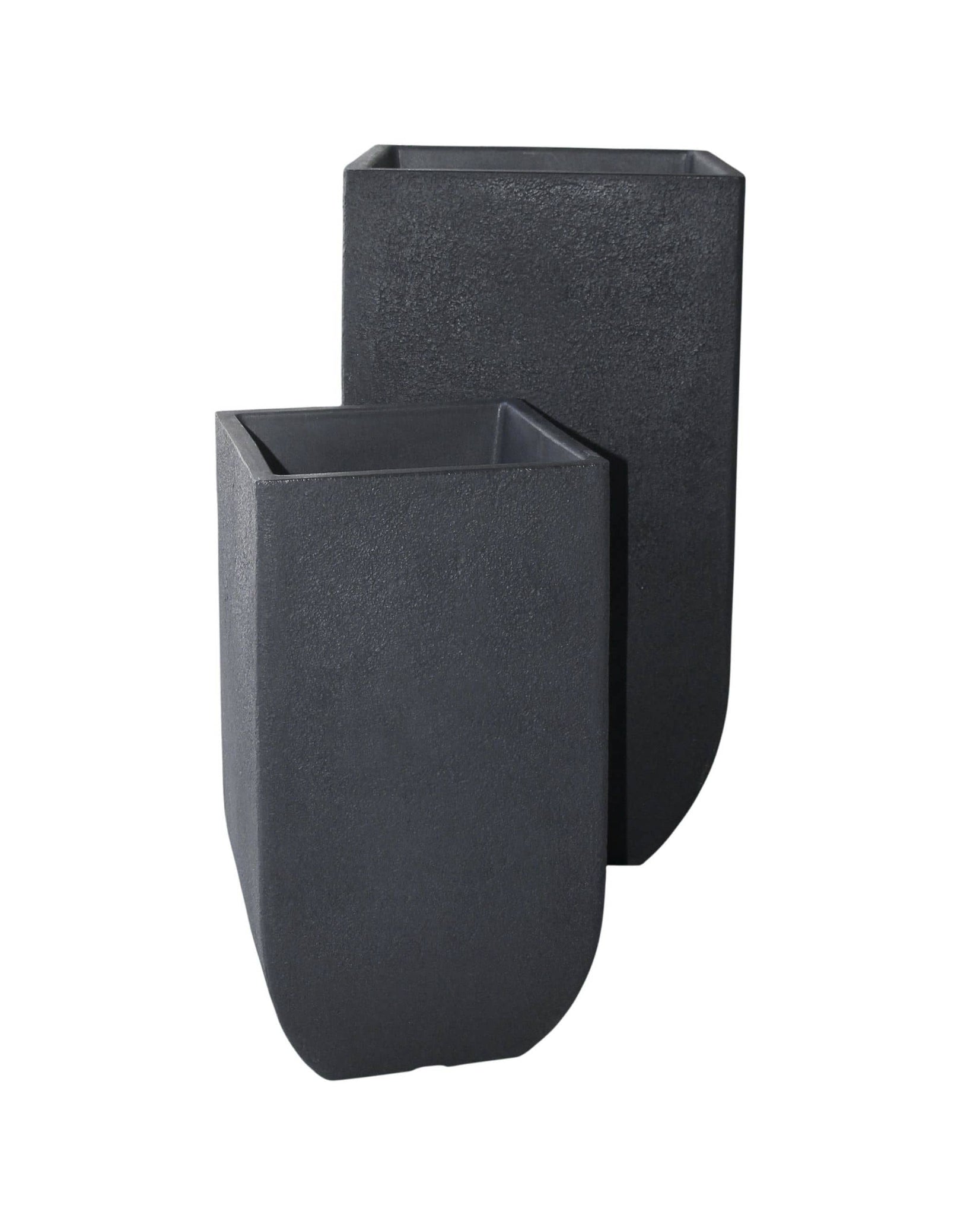 slight angled view of the small and large Japi verticale square planters side by side, tall, upright, colour Lead (black)